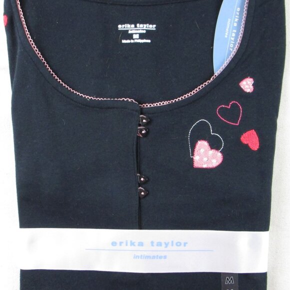 NWT Erika Taylor SS Black with Hearts Knee Length Nightgown, Medium - Picture 1 of 5